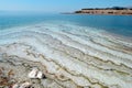 The Dead Sea, a coast created by salt, forms layers of salt at the bottom. Fascinating natural phenomenon in Jordan