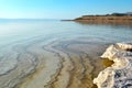 The Dead Sea, a coast created by salt, forms layers of salt at the bottom. Fascinating natural phenomenon in Jordan