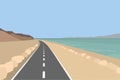 Dead Sea landscape. Coastline with mountains, road and salt sea water. Israel. Vector flat illustration Royalty Free Stock Photo