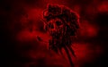 Dead soldier head in helmet on metal pin. Red background color