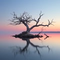 a dead tree in the middle of a lake at sunset Royalty Free Stock Photo