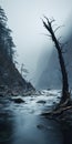 Misty River: Layered And Atmospheric Landscapes With A Fallen Tree