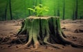 Dead tree stump and small green growing sprout seedling