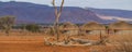 Dead tree at a waterhole, background thatched roof house at the Namib Naukluft National Park Royalty Free Stock Photo