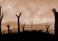 Dead trees and barbed wire battlefield illustration background.