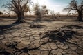 Dead Trees On The Dry, Cracked Ground Drought. Generative AI Royalty Free Stock Photo