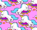 Dead unicorn pattern seamless. Blood rainbow background. deceased magic horse ornament. vector texture