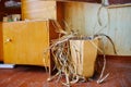 A dead withered houseplant in a tub in a poor dirty school classroom