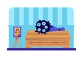 Dead woman coffin and photo flat color vector illustration