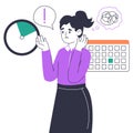 Deadline anxiety female person. Overloaded office business character, stressed chaotic office workflow flat vector illustration on