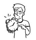 Deadline cartoon. Alarm clock doodle. Man pointing at clock showing that time is up. Funny simple vector, black and