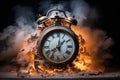 Deadline concept. Burning alarm clock with smoke and fire. Time management, time management, circadian rhythm disorder Royalty Free Stock Photo