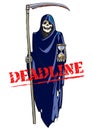 Deadline concept. Cartoon Death with scythe and hourglass. Vector.