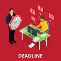 Deadline Concept of overworked man. Flat 3d vector isometric illustration. Royalty Free Stock Photo