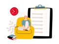 Deadline concept. To do list and relaxed woman. Vector procrastination concept