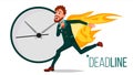 Deadline Concept Vector. Businessman On Fire. Project Managers Work Related Stress. Tasks Time Limits Problem. Burnout
