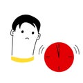 Deadline. A cute cartoon man looks sadly at the clock, reddened from the onset of the deadline for the project. Work