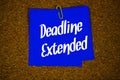 Deadline Extended text message on stick note on cork paper background Royalty Free Stock Photo