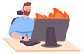 Deadline job. Man working on burning computer Royalty Free Stock Photo