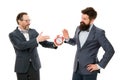 Deadline. late again. angry businessmen. bad morning. a lot of work. time management. mature bearded men in formal suit Royalty Free Stock Photo