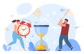 Deadline. People want to catch up to make up time. Different clocks. Fast workflow. Vector illustration