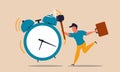 Deadline postpone alarm clock with hammer and man. Awake dream office work and reminder time vector illustration concept.