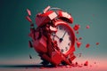 Deadline, stopped time concept with a broken red alarm clock flying to pieces. Created with Generative AI technology Royalty Free Stock Photo