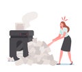 Deadline and Stress Concept. Woman Pull Out Office Man Lying under Huge Documents Heap and Paper Garbage near Printer