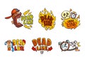 Deadline and Time Limit Labels with Screaming Man, Burning Fire, Skull, Leg with Chain and Clock Vector Set