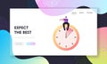 Deadline, Time Valuable Life Resource Landing Page Template. Character Sit at Huge Alarm Clock Pointing on Wrist Watches