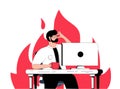Deadline, work on fire mode. A cute cartoon man is working with a computer and a fire is burning behind him. The problem