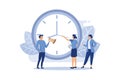 Deadline working people with big clock concept. Business woman try to stop clock arrows,