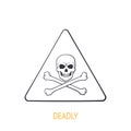 Deadly danger symbol with skull and crossbones. Outline icon. Vector illustration. Triangular caution danger sign