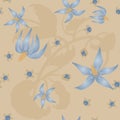 Deadly nightshade or belladonna floral pattern. Pastel blue flowers on beige background. Half-drop delicate composition. Royalty Free Stock Photo