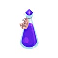 Deadly potion in glass bottle with lid and label. Toxic substance. Poisonous purple liquid. Flat vector icon