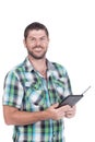 Deaf man with e-reader Royalty Free Stock Photo