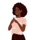 Deaf mute young black woman on white background. An adult learns sign language for the deaf disabled. Royalty Free Stock Photo