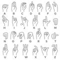 Deaf-mutes hand language. Learning alphabet, nonverbal deaf-mute communication, expressiveness asl gestures line vector