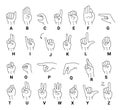 Deaf mutes hand language letters alphabet infographic set line art monochrome icon vector Royalty Free Stock Photo