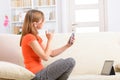 Deaf woman using sign language on the smartphone Royalty Free Stock Photo