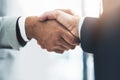 Deal, business people and handshake by men for b2b partnership, welcome and hiring success. Thank you, shaking hands and Royalty Free Stock Photo