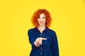 Deal. Closeup portrait young curly redhead curly smiling woman, student, customer service agent giving you handshake isolated Royalty Free Stock Photo