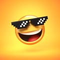 `Deal with it` emoji isolated on yellow background, emoticon with pixelated sunglasses 3d rendering,