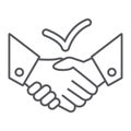 Deal thin line icon, agreement and partnership, handshake sign, vector graphics, a linear pattern on a white background. Royalty Free Stock Photo