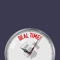 Deal Time. White Vector Clock with Motivational Slogan. Analog Metal Watch with Glass. Handshake Icon