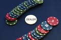 Dealer and gamble cards, poker and blackjack chips Royalty Free Stock Photo