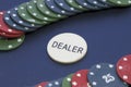 Dealer and gamble cards, poker and blackjack chips Royalty Free Stock Photo