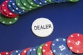 Dealer and gamble cards, poker and blackjack chips Royalty Free Stock Photo