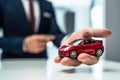 Dealer hand with car. Auto dealership and rental concept. Car loan, credit financial. Generative AI