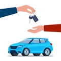 Dealer hand giving keys chain to a buyer hand. Blue modern Suv car, side view. Buying or renting a car. Vector illustration Royalty Free Stock Photo